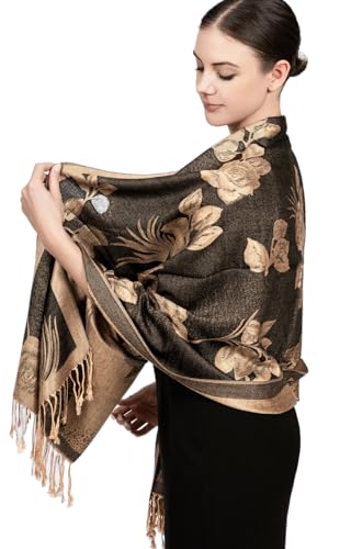 Achillea Reversible Paisley Pashmina Rave Scarf – Exotic Indian Shawls and Wraps for Evening Dresses, Festivals, All Seasons - color: Floral Black Gold