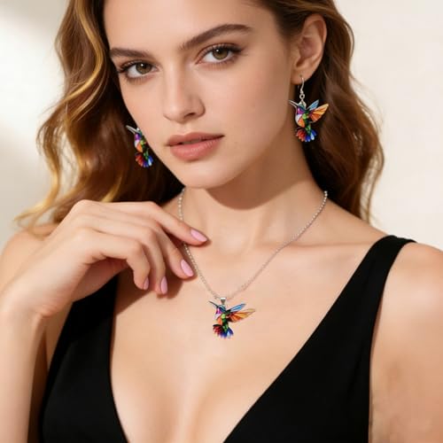Hummingbird Necklace Earrings Set for Women Cute Colorful 2D Bird Pendant Necklace Acrylic Hypoallergenic Dangle Earrings Trendy Jewelry for Bird Lovers - color: Colorful