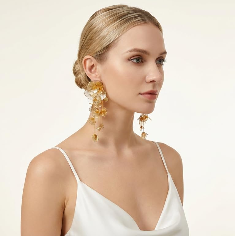 Gold Silver Filigree Floral Dangle Earrings for Women, Long Drop Statement Earrings for Vintage Wedding Jewelry - style: Gold Long Floral Earrings
