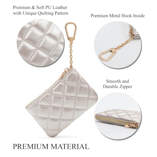 Quilted Leather Coin Purse with Keychain - Small Coin Pouch Key Pouch Small Card Holder Keychain Wallet Change Purse for Women and Men (Champagne Silver) - color: Champagne Silver