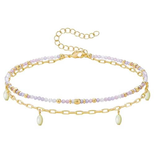 KissYan Layered Ankle Bracelets for Women, Summer Beaded Anklets Waterproof Adjustable Handmade Jewelry Gifts - color: Violet