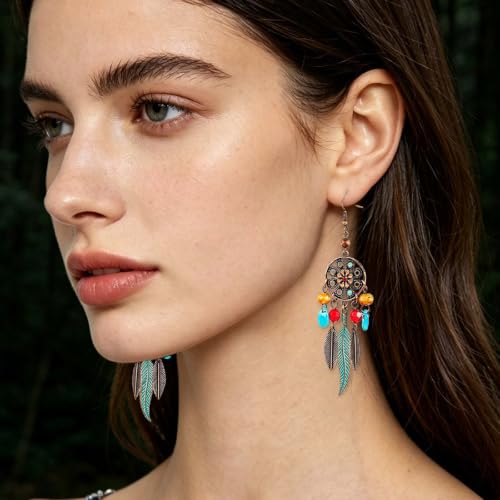 Boho Turquoise Drop Earrings Retro Long Copper Feather Tasse Metal Leaf Dangle Earrings Vintage Country Western Jewelry Cowgirl Ethnic Style Geometric Concert Festival Accessories for Women - color: Red Yellow