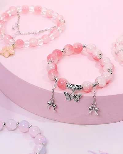 PENTA ANGEL Beaded Charm Bracelets for Women 4Pcs Stretch Stackable Crystal Glass Bead Bracelet with Butterfly Bow Flower Pendant for Birthday Christmas Party Favor Gift