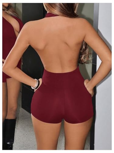 Milumia Women's Sexy Deep V Neck Sleeveless Romper Ring Decro Backless Halter Unitard Jumpsuit Party Outfits - color: Burgundy, size: X-Small
