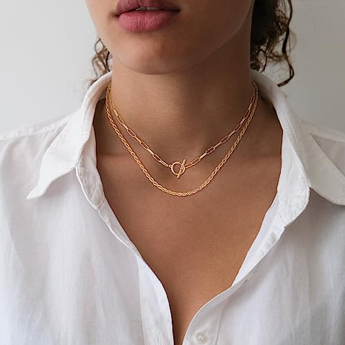 CHESKY Layered Necklaces for Women, 14K Gold Plated Chain Necklace Women Trendy Cuban Link Paperclip Chain Toggle Clasp Necklace Fashion Chunky Jewelry for Women - style: Paperclip Rope-GD