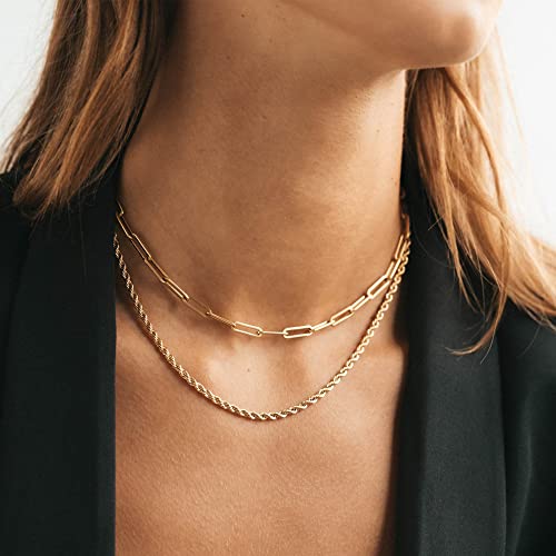 CHESKY Layered Necklaces for Women, 14K Gold Plated Chain Necklace Women Trendy Cuban Link Paperclip Chain Toggle Clasp Necklace Fashion Chunky Jewelry for Women - style: Paperclip/Rope-GD
