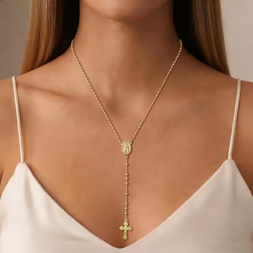 HAXIYA Lariat Gold Necklace for Women Dainty Long Necklace 14K Gold Plated/Silver Y-Shaped Pendant Drop Chain Layered Pearl/Beaded/CZ Necklaces Gold Jewelry Gift for Prom/Wedding - style: Rosary - Gold