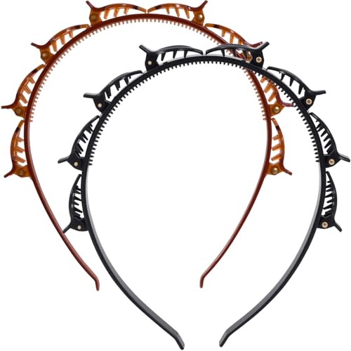 2 Pcs Headband with Clips, 90s Butterfly Hair Clips Headband with Teeth for Women, Braided Weave Bangs Non-Slip Clip Headbands Hair Accessories for Styling Decoration- Black, Light Brown - color: 2 Pcs,Black & Light Brown
