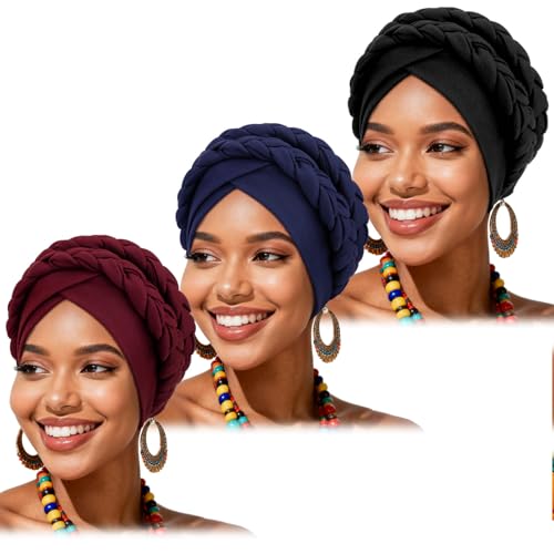 African Women Turban Caps Beanie Pre-Tied Twisted Braids Headwraps for Women Head Scarf Chemo Cancer Headwear Cap - color: 3 Pack Twisted Braid: Burgundy/Navy Blue/Black