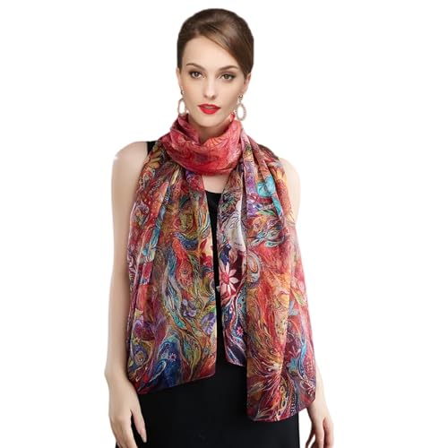 100% Mulberry Silk Women's Neck Silk Scarf-Lightweight Shawl,FLoral Print Beach Silk Wrap-Scarves for Photography - color: Red Phoenix