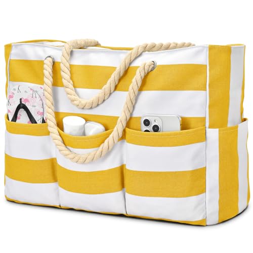 Becokan Beach Bags for Women Canvas Large Beach Tote Bag Zipper Waterproof Sandproof Foldable Swim Pool Bag with 7 Pockets - color: Yellow