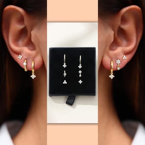 ZELORES 6PCS 14k Gold Plated Hoop Earrings Stacks for Women Trendy Small Chunky Huggie Earring CZ Cartilage Stud Earrings Hypoallergenic Dangle Chain Earrings for Multiple Piercing