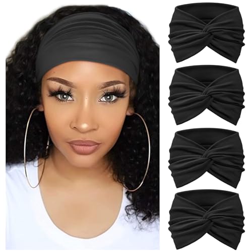 AQOKKA Extra Wide Headbands for Women Large Turban Headband Non Slip Boho Elastic Hairband Hair Twisted Knot Head Bands Accessories - color: 4 Pcs E: Plain Black