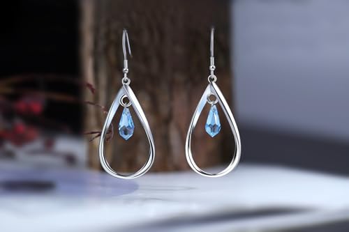 Rhodium Plate 925 Sterling Silver Hook Twist Leaf Holiday Hypoallergenic Dangle Earrings for Women Gifts Engagement Wedding with Austrian Daiamond Cut Waterdrop Crystal Hight Polished Long :1.9 IN - color: ice blue (waterdrop style)