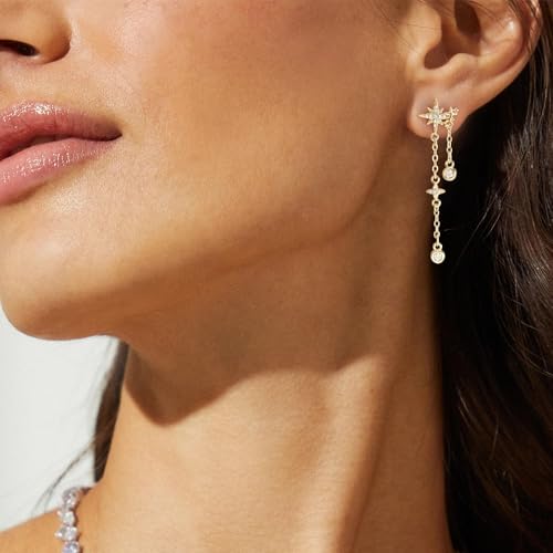 LLWOM 14K Gold/White Gold Plated CZ/Flower/North Star/Leaf Dangle Drop Earrings Studs for Women, Statement Earrings for Wedding Party Prom, Hypoallergenic Jewelry Gift - color: Gold North Star