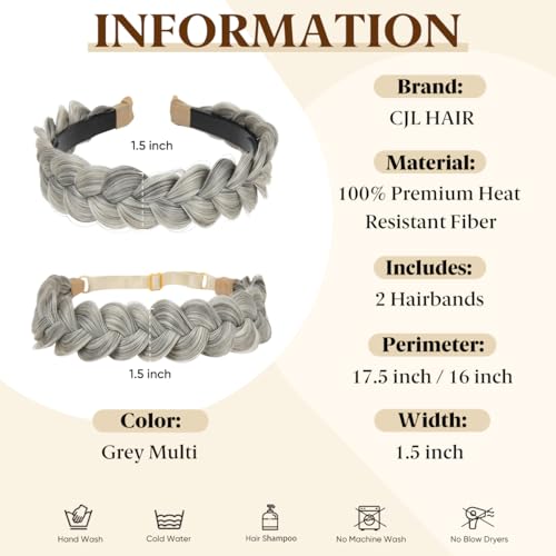 CJL HAIR 2PCs Braided Headbands Hair Piece for Women Synthetic Hair Hoops Head Bands Handmade Braid Hairband Accessories Elastic Stretch Headwrap Grey Multi - color: 2PCS-Grey Multi
