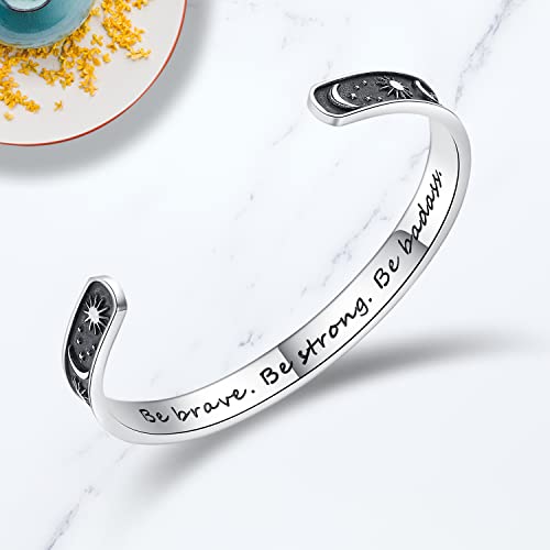TONY & SANDY Inspirational Bracelets for Women Teen Girls Personalized Gifts for Daughter Granddaughter Mom Sister Friends Stainless Steel Engraved Cuff Birthday Easter Christmas - style: A - Sun & Moon - Be brave be strong be badass