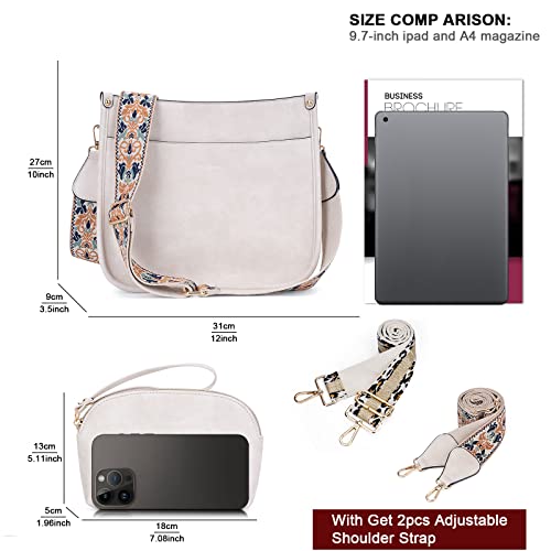 HKCLUF Crossbody Bag Purse for Women 2PCS/Set Leather Hobo Handbag Wallet Set With 2Adjustable Guitar Strap Shoulder Bag | Purse - color: A11-white