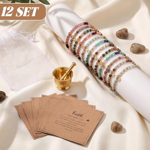 Kingdder 12 Set Christian Cross Bracelets for Women Bulk Adjustable Natural Stone Cross Beads Faith Bracelet Gifts for First Communion Confirmation Birthday Church Groups Gifts - style: Cord