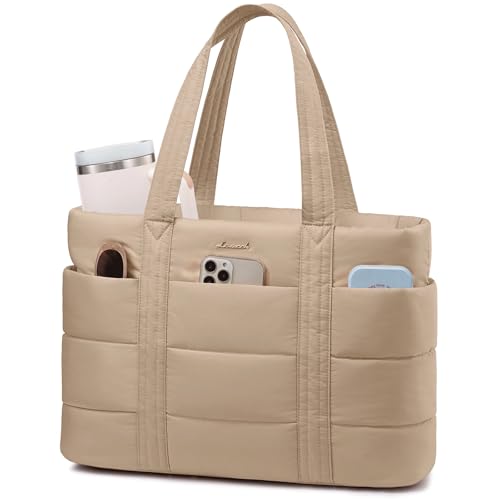 LOVEVOOK Tote Bag for Women, Large Puffer Work Tote Bag for 15.6 Inch Laptop, Lightweight Travel Tote with Zipper Gifts for Women - color: Khaki-a, size: 15.6 Inch