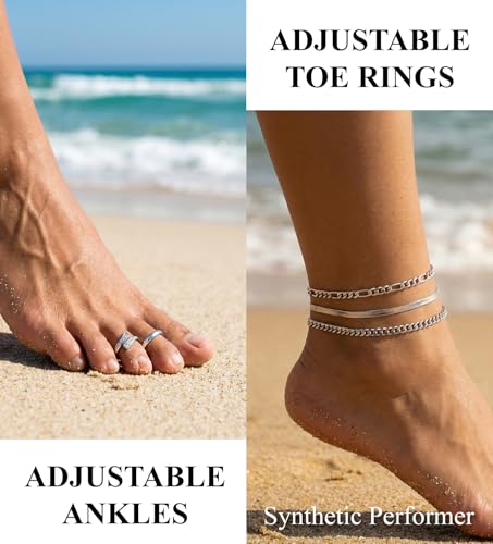 CASDAN 13Pcs Toe Rings and Ankle Bracelets for Women Silver Gold Layered Anklets Chain Adjustable Open Tail Toe Ring Beach Foot Jewelry for Summer - color: Silver,B