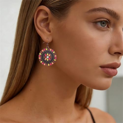 MALOYANVE Vintage Boho Circular Flower Dangle Earring, Handmade Bronze Tribal Round Enamel Floral Drop, Bohemian Ethnic Statement Jewelry Gift for Women - color: Muticolor Rose