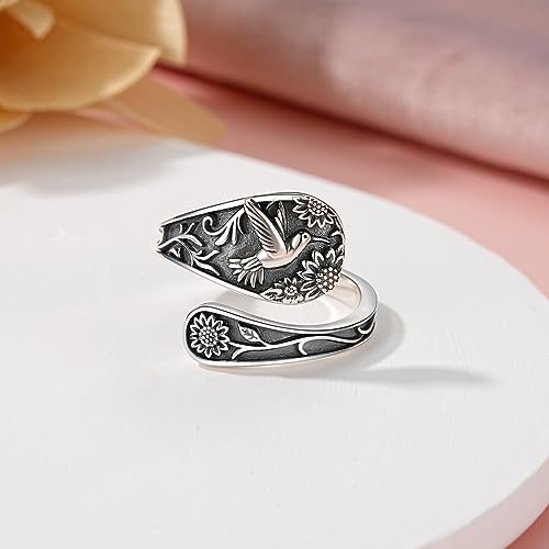Spoon Ring Sterling Silver Hummingbird Ring Vintage Antique Spoon Rings Adjustable Thumb Rings for Women - color: sunflower