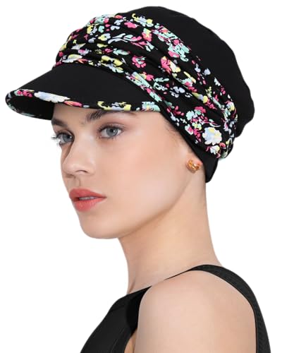 Chemo Headwear Viscose Newsboy Cap for Women Summer Hats - color: Black Floret