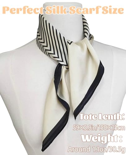 kcctoo 59” Long Silk Like Head Scarf Women's Fashion Square Neck Satin Scarfs for Bag Hair Scarves Gift 59 * 5.9” - color: H1 Beige Stripe 59" X 5.9"