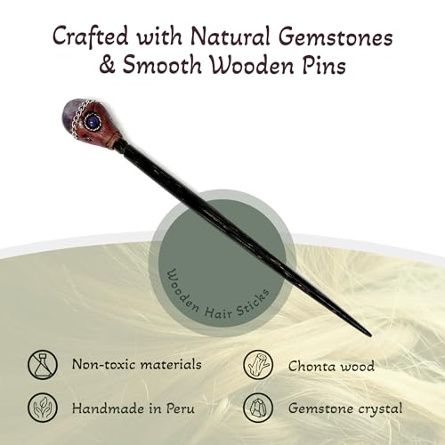 Mia Jewel Shop - Natural Tumbled Healing Gemstone Crystal Chonta Wooden Hair Sticks – Handmade Hair Sticks for Women | Hair Pins Boho Reiki Accessories, Fashion Gifts (Purple Amethyst) - color: Purple Amethyst