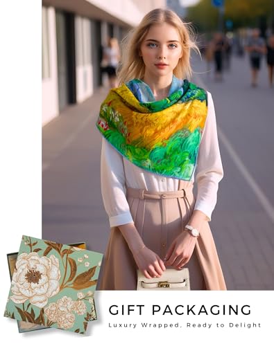 PoeticEHome Cashmere Scarf Wrap 36"x36" - Featherlight & Wrinkle-Free Artistic Square Shawl for Travel & Office, Gift Ready - color: Wheat Field With Cypresses - 36"