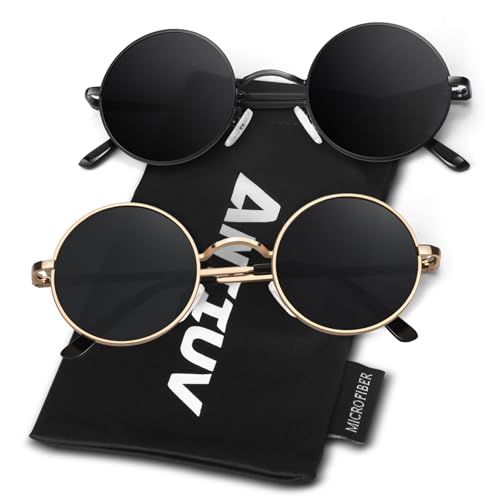 Round Polarized Sunglasses Men Women,Retro Metal Hippie Shades with 100% UV Protection - color: B1- Black Frame Black Lens + Golden Frame Black Lens