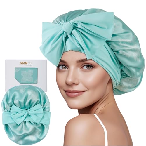 ZIMASILK 100% Mulberry Silk Bonnet for Sleeping Women Long Hair Double Layer Silk Hair Wrap with Tie Band Stay On Head (1Pc, Mint Green) - color: Mint Green-clover Crest