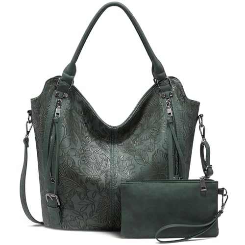 Tote Bag for Women PU Leather Shoulder Bags Fashion Hobo Bags Large Purse and Handbags with Adjustable Shoulder Strap - color: Dark Green Flower