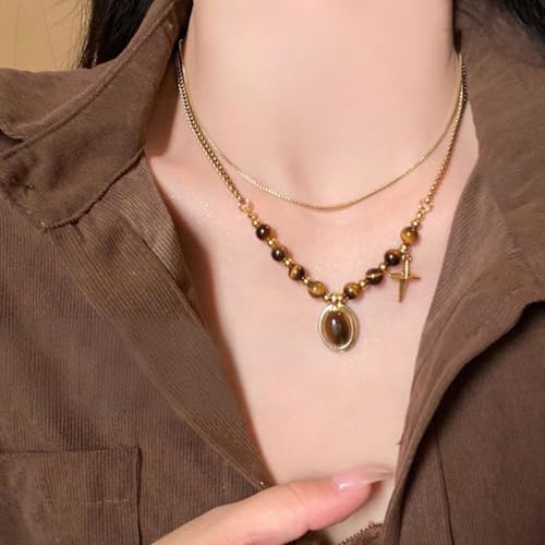 Tiger Eye Necklace for Women Vintage Gold Tiger Eye Brown Stone Pendant Layered Stack Beaded Necklace Elegant Vintage Boho Jewelry - style: SetA