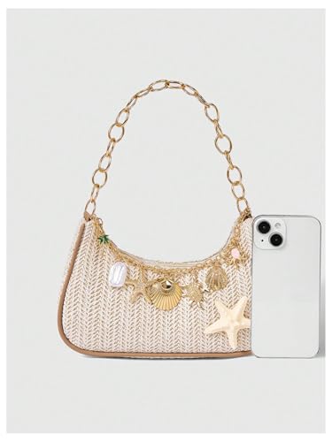 MakeMeChic Women's Straw Beach Purse Seashell Beaded Shoulder Handbags Summer Vacation Bags - color: Multicolor Starfish
