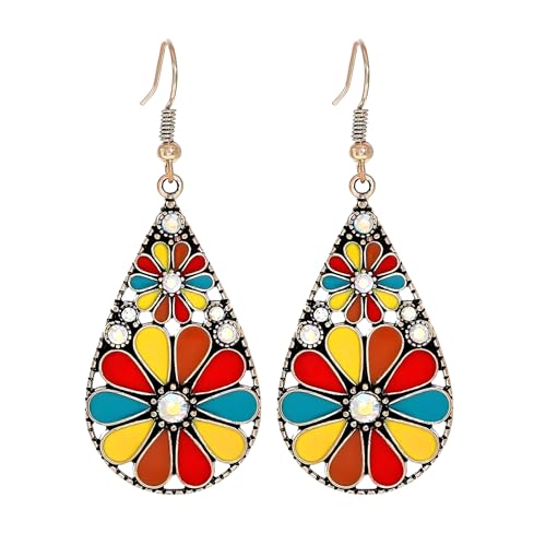 coadipress Bohemian Flower Teardrop Earrings for Women Trendy Vintage Colorful Hollow Out Flower Floral Dangle Earrings Bohemian Handmade Ethnic Statement Jewelry - color: Yellow Red