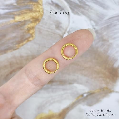 1 Pair 7mm Small Hoop Earrings for Women, Dainty 14K Gold Plated Huggie Hoop Earrings Hypoallergenic Lightweight Cartilage Earrings Set for Multiple Piercings for Sensitive (Gold/1.6mm) - color: Gold, size: 7mm (Thickness: 1.6MM)