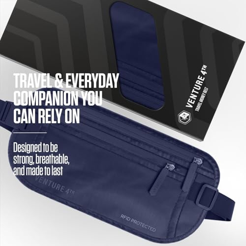 VENTURE 4TH Money Belt for Travel – Slim Hidden Under-Clothes RFID Blocking Anti-Theft Passport Holder & Travel Wallet Pouch for Men & Women to Protect Cash, Cards & Documents (Sleek Navy Blue) - color: Sleek Navy Blue