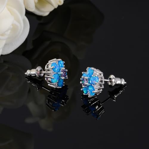 CiNily Flower Earrings,Opal Stud Earrings Sterling Silver or White Gold/Rose Gold Plated Ladies Flower Stud Earrings Cute Unique Earrings for Girls - color: Blue Opal