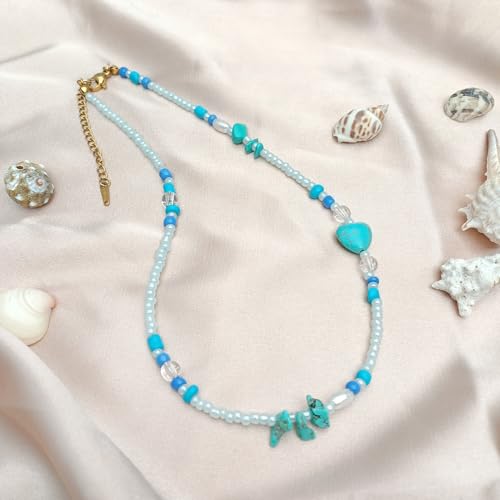 Beaded Necklaces for Women Summer Beach Beaded Necklace Bead Choker Boho Necklaces for Women Handmade Summer Jewelry Stainless Steel 18K Gold Plated - color: Turquoise