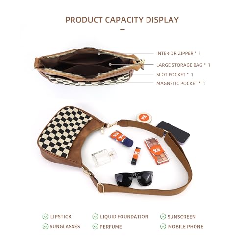WJCD Women Crossbody Handbags Vegan Leather Shoulder Bag with Adjustable Strap - color: Brown Chessboard Pattern