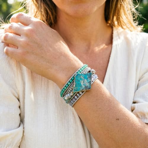 YGLINE Boho Handmade Wrap Leather Tube Crystal Stone Bracelet for Women - color: Blue
