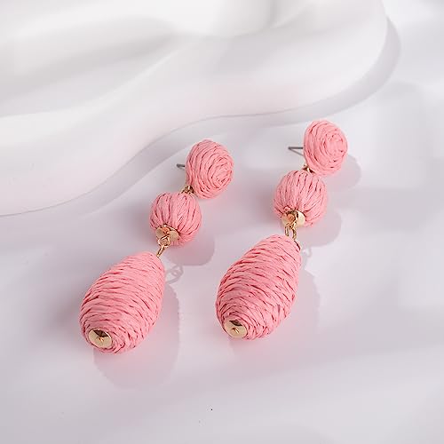 Boho Raffia Earrings Statement Dangle Earrings Cute Teardrop Ball Earrings Colorful Summer Jewelry Handmade Rattan Earrings for Women - color: Coral