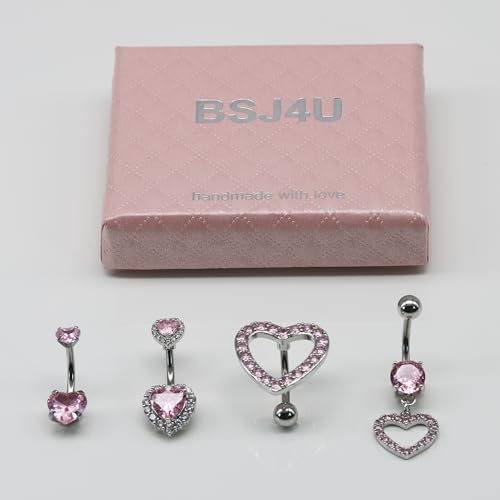 BSJ4U Nipple Ring and Belly Button Ring Set 14G Stainless Steel Sparkly Pink CZ Heart Bar Barbell Nipple Belly Piercing Body Jewelry - style: Dainty
