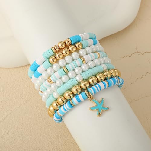 GOOJIDS Surfer Heishi Clay Bead Bracelets for Women Bohemian Stackable Gold Plated Beaded Stretch Bracelets Elastic Layering Friendship Bracelets Set Boho Jewelry - color: B-Blue Starfish Set
