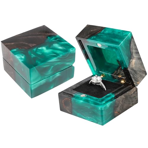 Wedding Ring Box, Engagement Ring Box with Single Slot Handcrafted Stabilized Wood and Resin Jewelry Box for Proposal Wedding Ceremony, Jewelry Organizer Elegant and Retro Ring Holder Box(Green) - color: Black