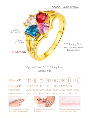 Custom4U Personalized 1-4 Birthstone Rings for Women Promise Rings for Her Sterling Silver Mothers Ring Customized Cubic Zirconia Stones Wedding/Valentine's Day/Mother's Day Jewelry Gift for Mom Wife - color: A-4 Names-Gold