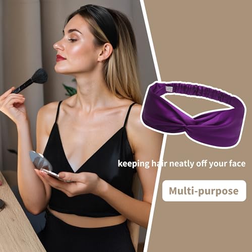 ZLYC Mulberry Silk Headband Elastic Twist Knotted Head Bands for Women's Hair, Solid Light Red Purple - color: Solid Light Red Purple