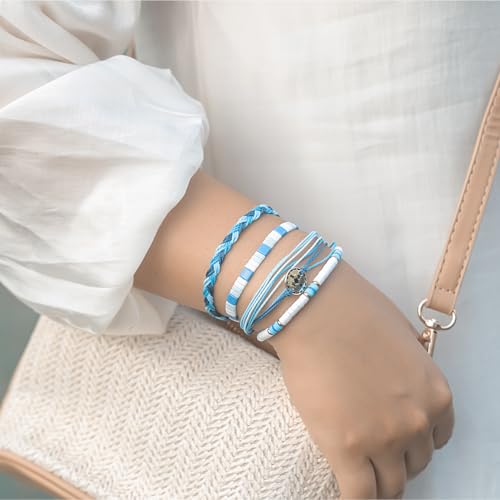 FANCY SHINY Boho Nautical Compass String Bracelets Beaded Clay Beads Bracelet Stackable Friendship Bracelets Summer Beach Outfits for Women Girls - color: Blue